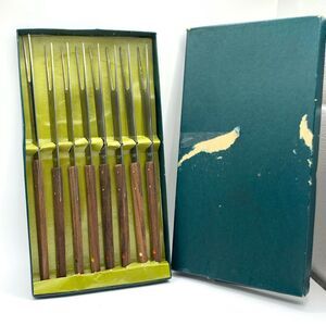 Vintage Set 8 Fondue Forks Teak Handles Stainless Steel Japan Original Box Retro